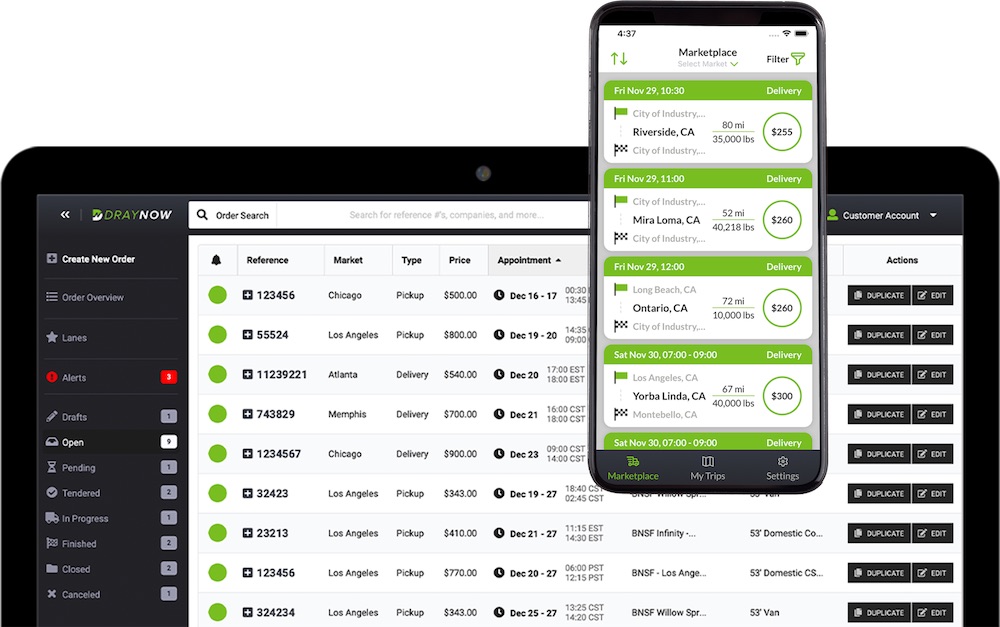 DrayNow Intermodal Freight Marketplace Mobile App and Desktop Dashboard